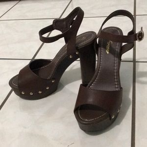 Brown Platform Block Heels with gold studs